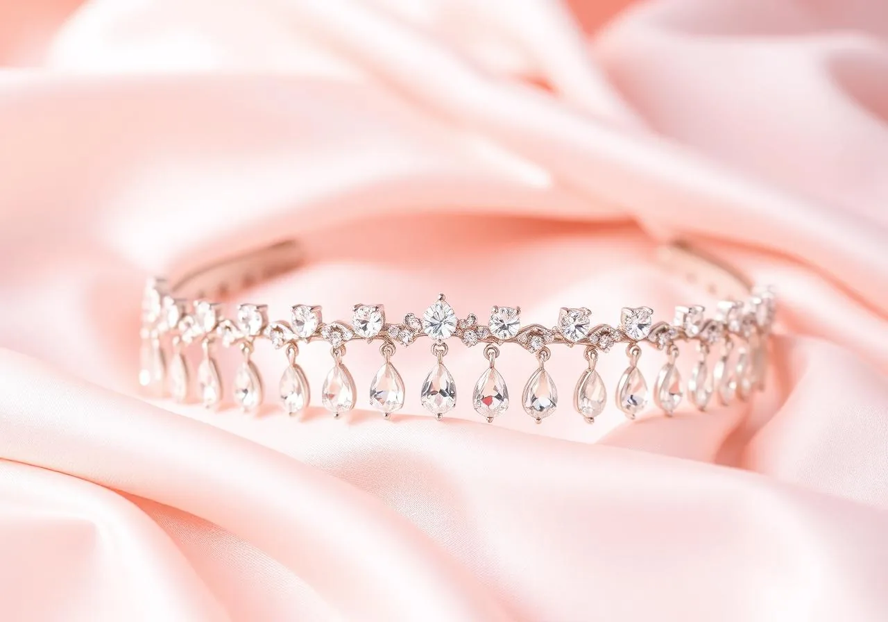 White waterdrop diamond tiara for brides on soft pink silk